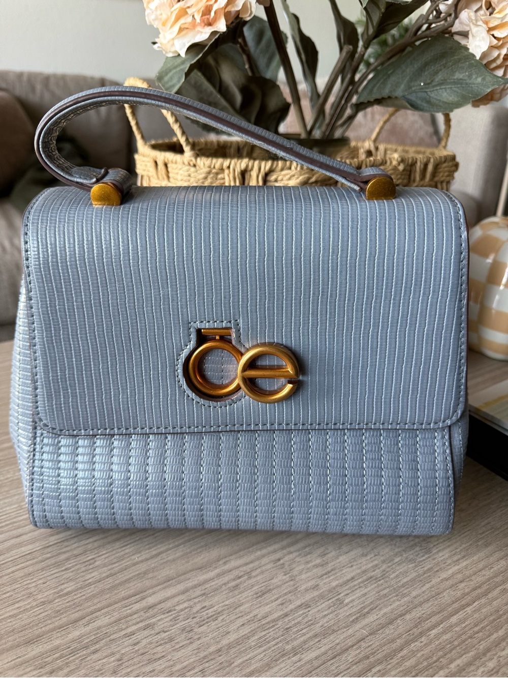 Compact Textured Top-Handle Satchel in Light Blue with Gold Accent
